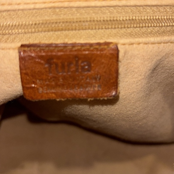 FURLA BRAND DARK TAN FLORAL CLOTH BUCKET LSTYLE BAG WITH LEATHER TIE CLOSURE❤️ - Picture 5 of 16